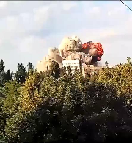 The moment of a direct hit by enemy missiles in the center of Mykolayiv this morning