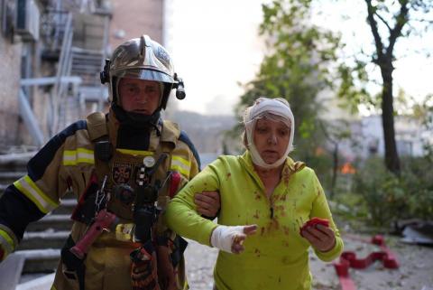First aid is provided to the wounded and injured in the center of Kyiv
