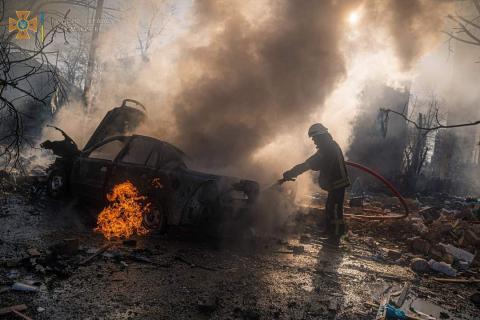 A fire broke out in a residential building in Kyiv's Podilskyi district as a result of a downed missile