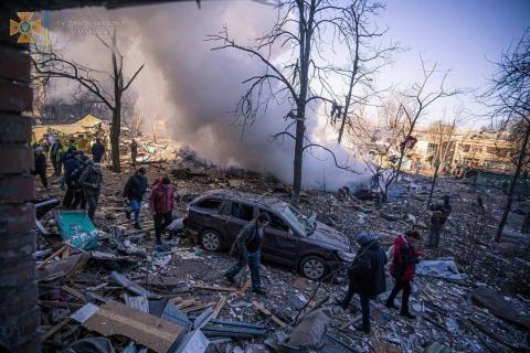 A fire broke out in a residential building in Kyiv's Podilskyi district as a result of a downed missile