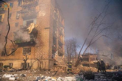 A fire broke out in a residential building in Kyiv's Podilskyi district as a result of a downed missile