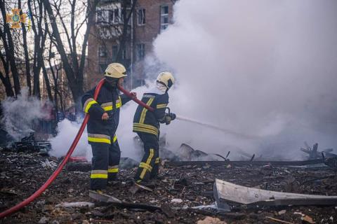 A fire broke out in a residential building in Kyiv's Podilskyi district as a result of a downed missile