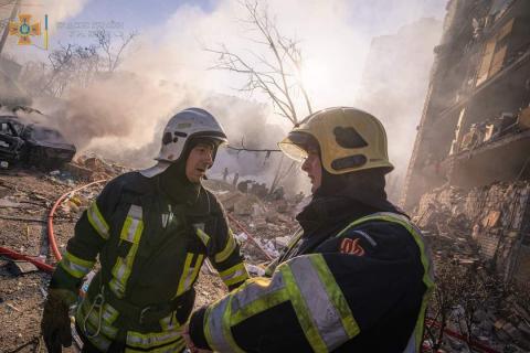A fire broke out in a residential building in Kyiv's Podilskyi district as a result of a downed missile