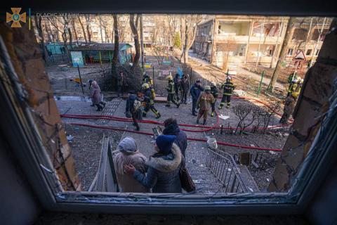 A fire broke out in a residential building in Kyiv's Podilskyi district as a result of a downed missile