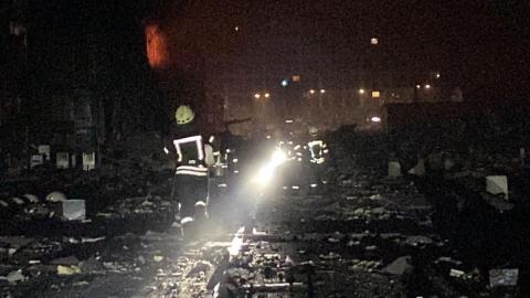 Rescuers eliminate a strong fire on the territory of one of the shopping centers in Podolsky district of Kyiv