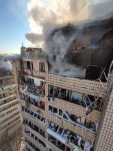 Kyiv. Morning. Consequences of a missile hitting a residential building in the Shevchenkivskyi district